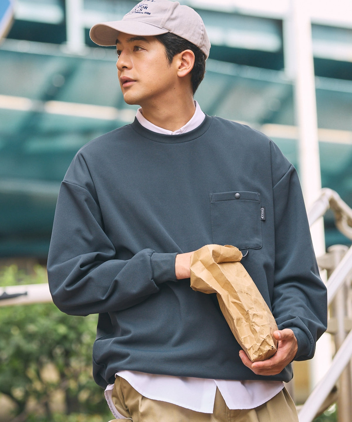 THE CRAFT CREW PRODUCTS / 四向彈性機能 圓領口袋長T恤(抽繩下擺)