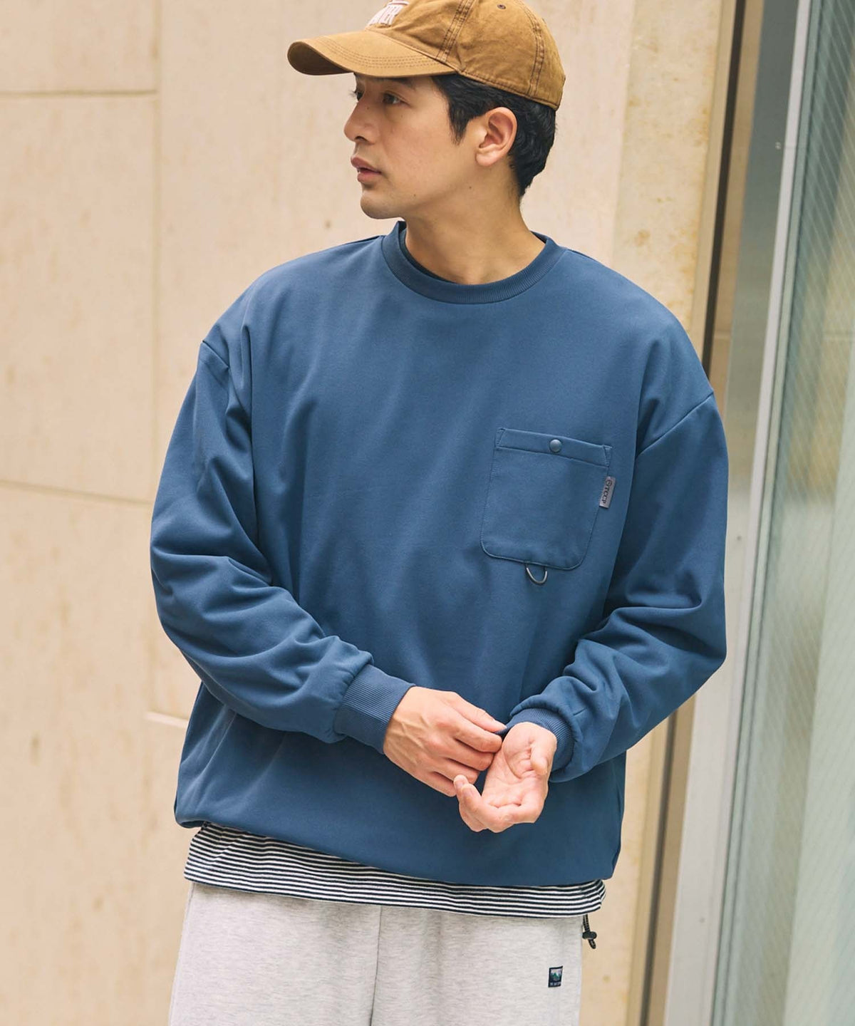 THE CRAFT CREW PRODUCTS / 四向彈性機能 圓領口袋長T恤(抽繩下擺)