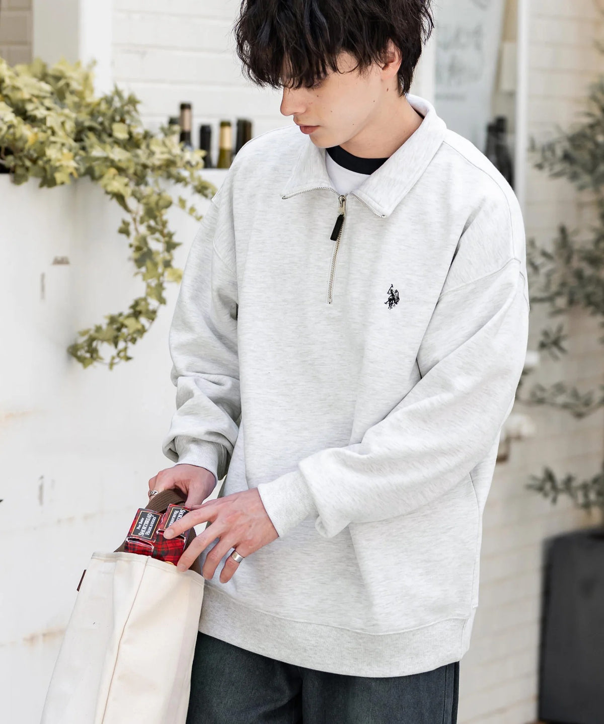 U.S. POLO ASSN. / 寬鬆 刷毛刺繡 半拉鍊開襟衫(日本聯名限定)