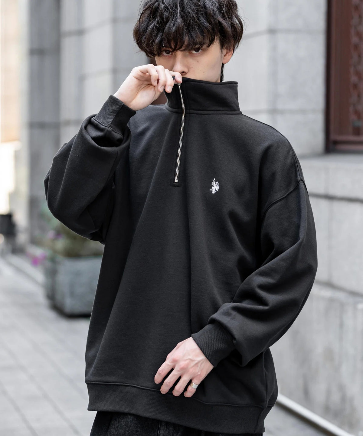 U.S. POLO ASSN. / 寬鬆 刷毛刺繡 半拉鍊開襟衫(日本聯名限定)