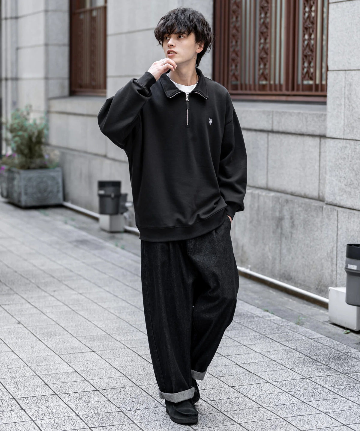 U.S. POLO ASSN. / 寬鬆 刷毛刺繡 半拉鍊開襟衫(日本聯名限定)