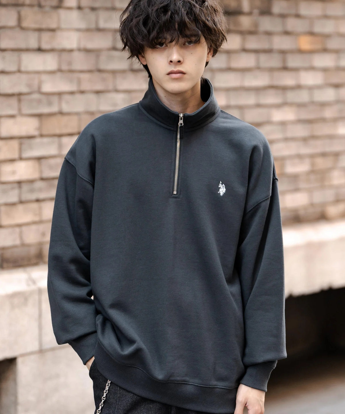 U.S. POLO ASSN. / 寬鬆 刷毛刺繡 半拉鍊開襟衫(日本聯名限定)