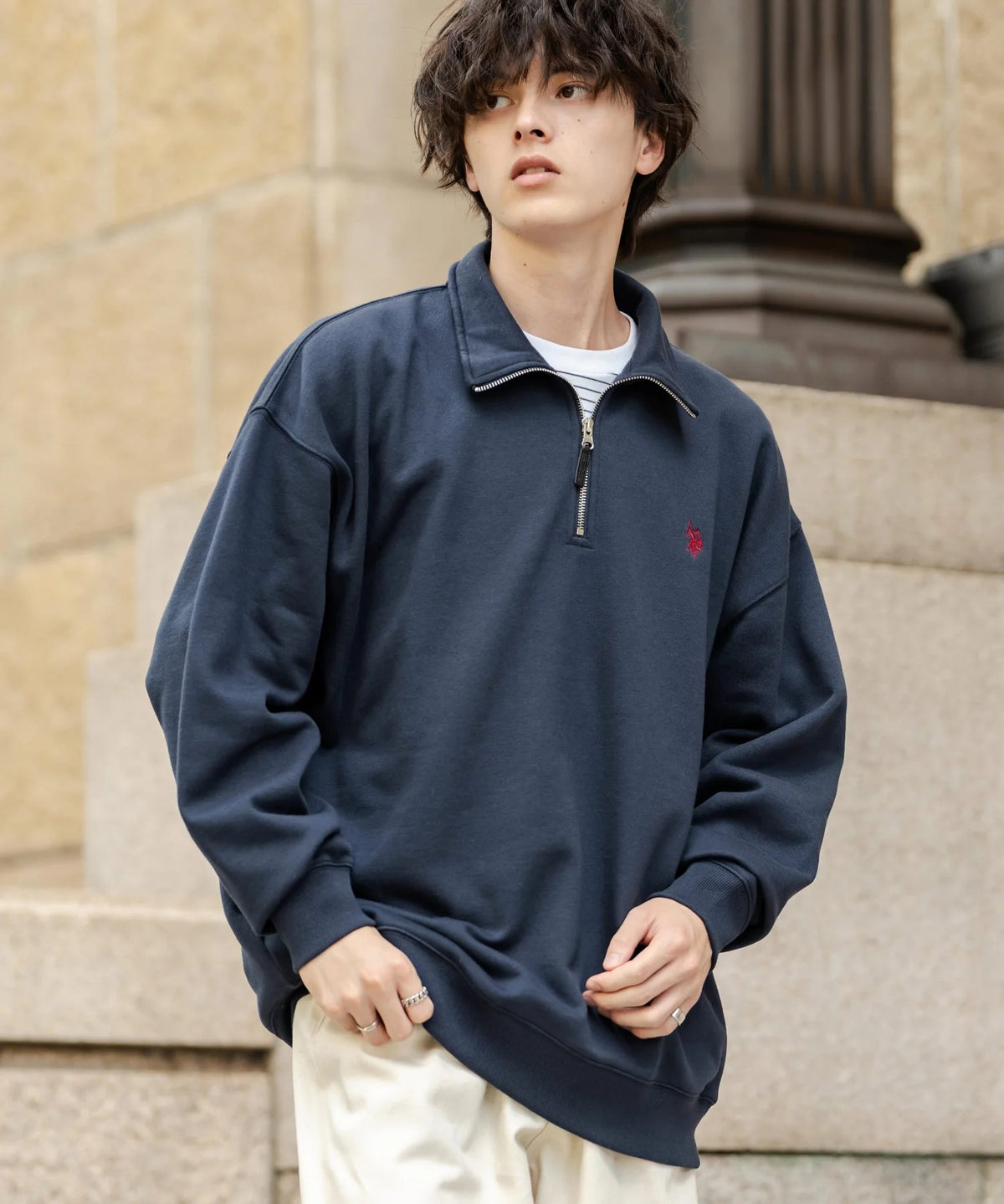 U.S. POLO ASSN. / 寬鬆 刷毛刺繡 半拉鍊開襟衫(日本聯名限定)