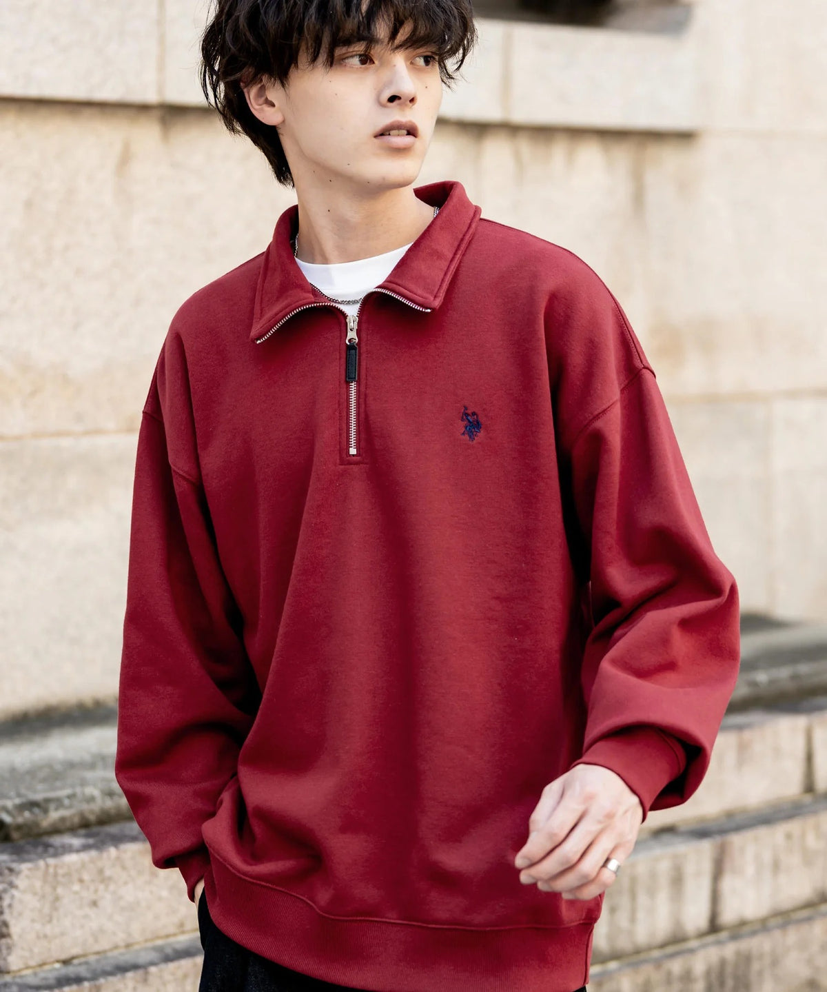 U.S. POLO ASSN. / 寬鬆 刷毛刺繡 半拉鍊開襟衫(日本聯名限定)