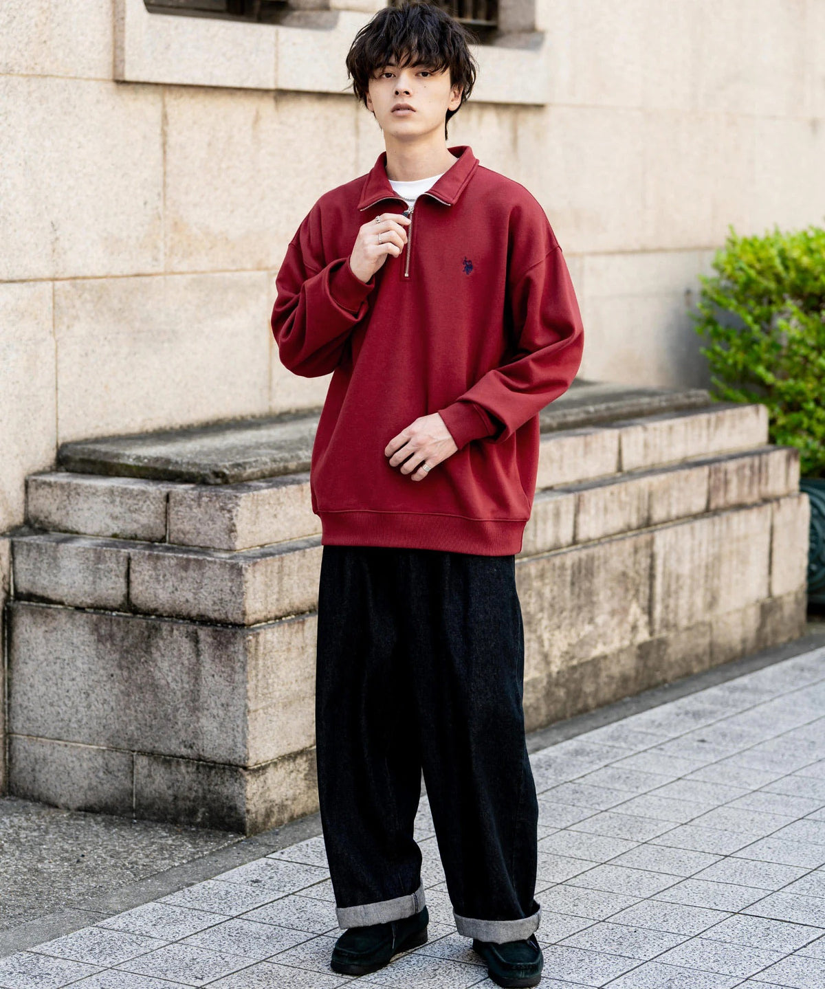 U.S. POLO ASSN. / 寬鬆 刷毛刺繡 半拉鍊開襟衫(日本聯名限定)