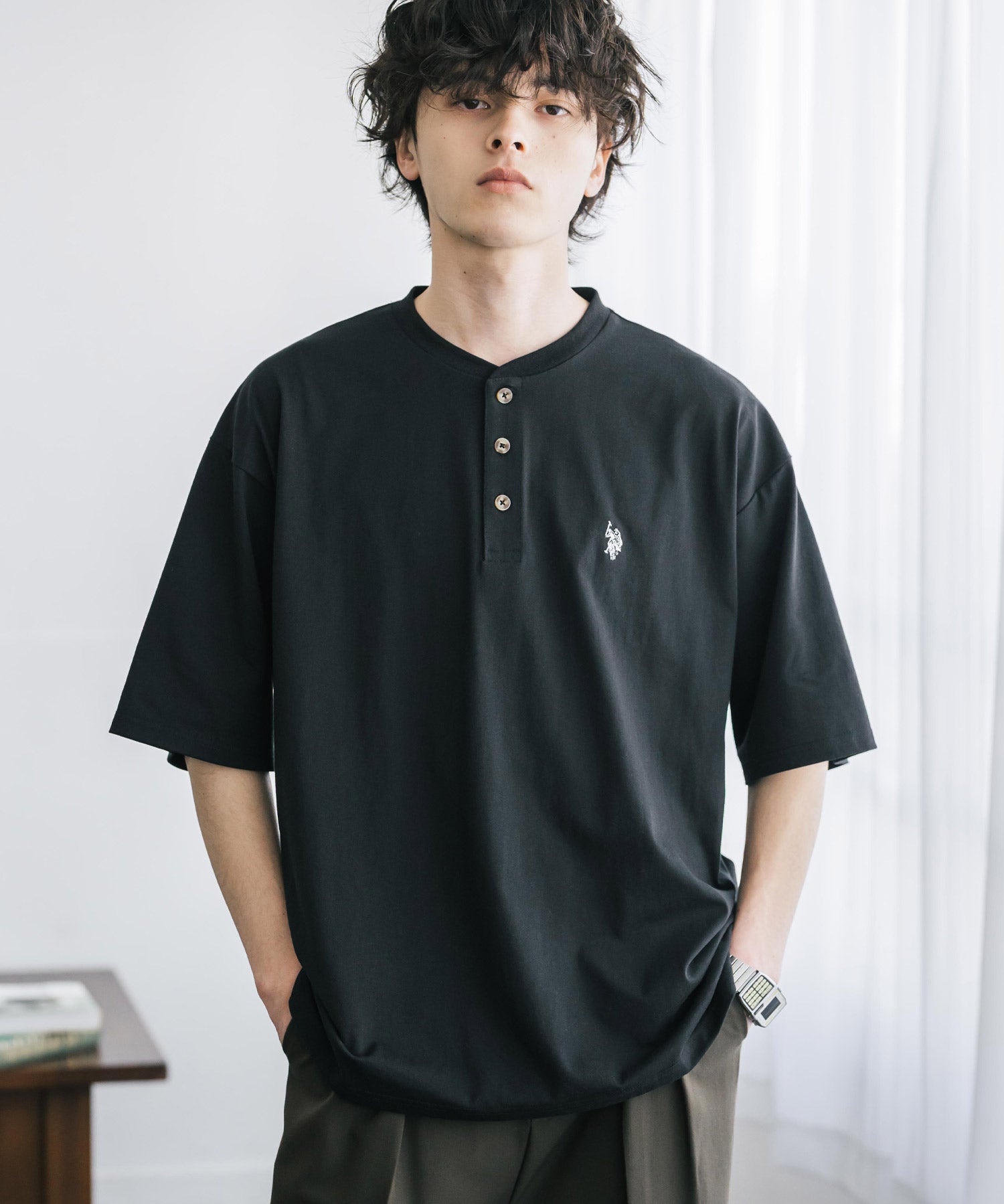 U.S. POLO ASSN. / 刺繡亨利領短袖T恤