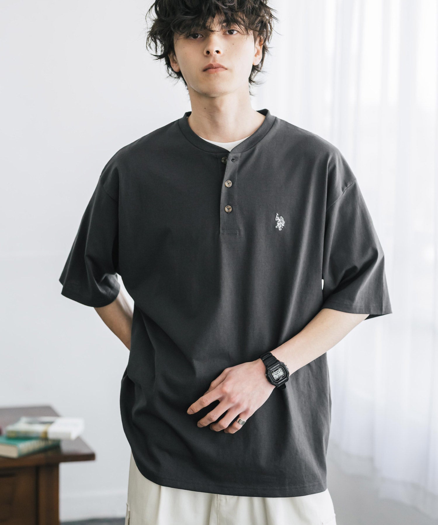 U.S. POLO ASSN. / 刺繡亨利領短袖T恤