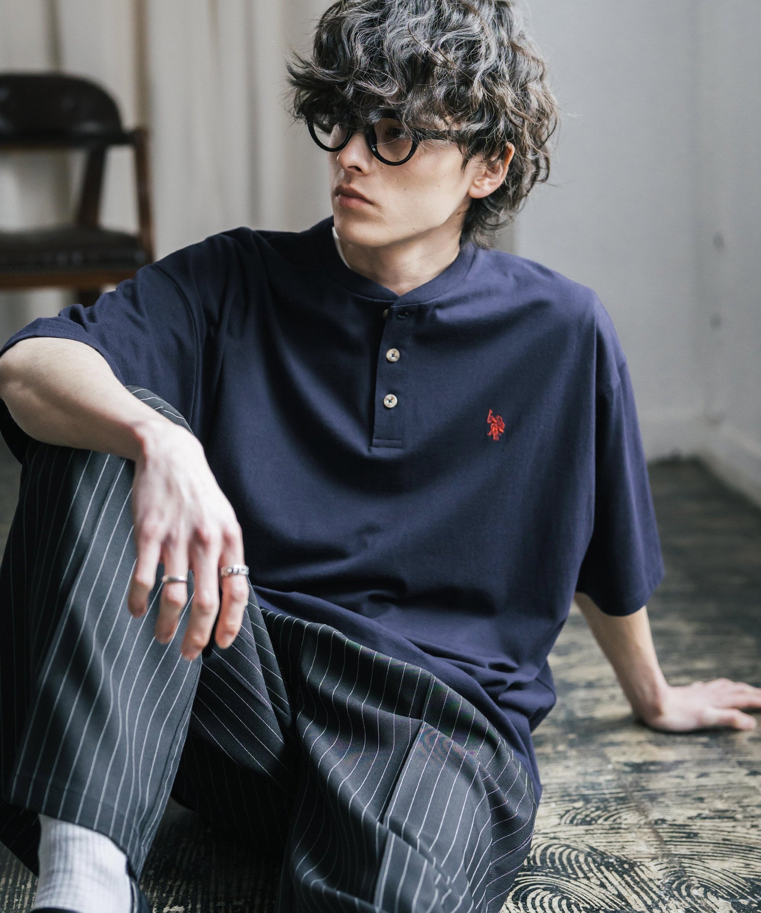 U.S. POLO ASSN. / 刺繡亨利領短袖T恤
