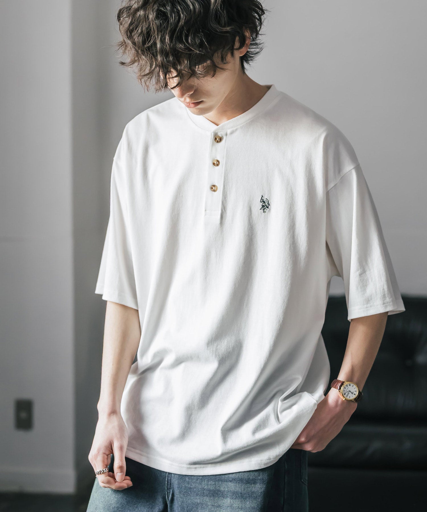 U.S. POLO ASSN. / 刺繡亨利領短袖T恤