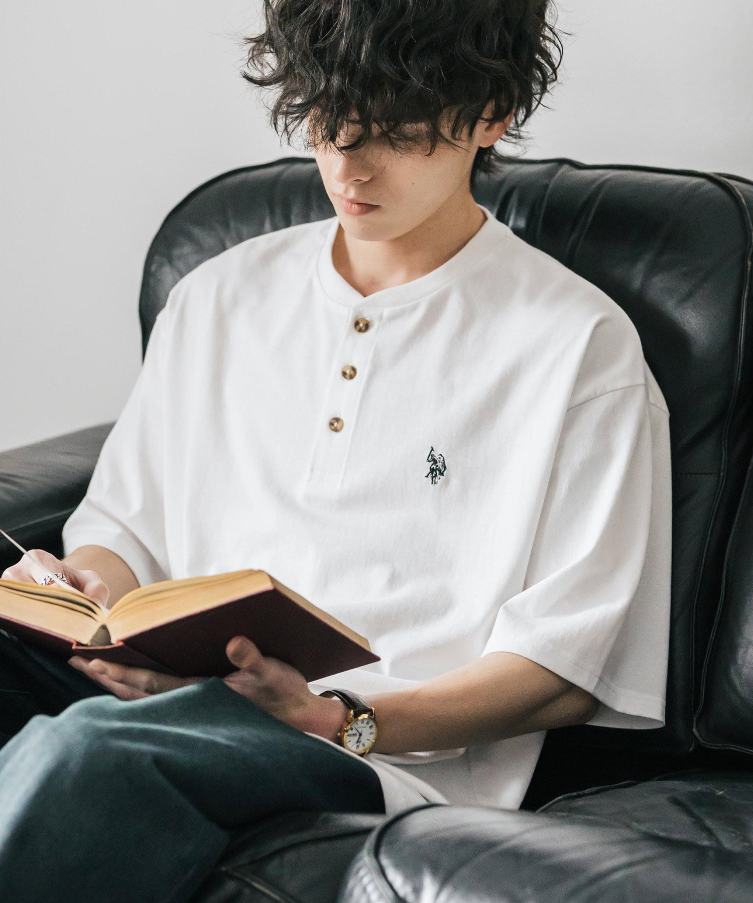 U.S. POLO ASSN. / 刺繡亨利領短袖T恤