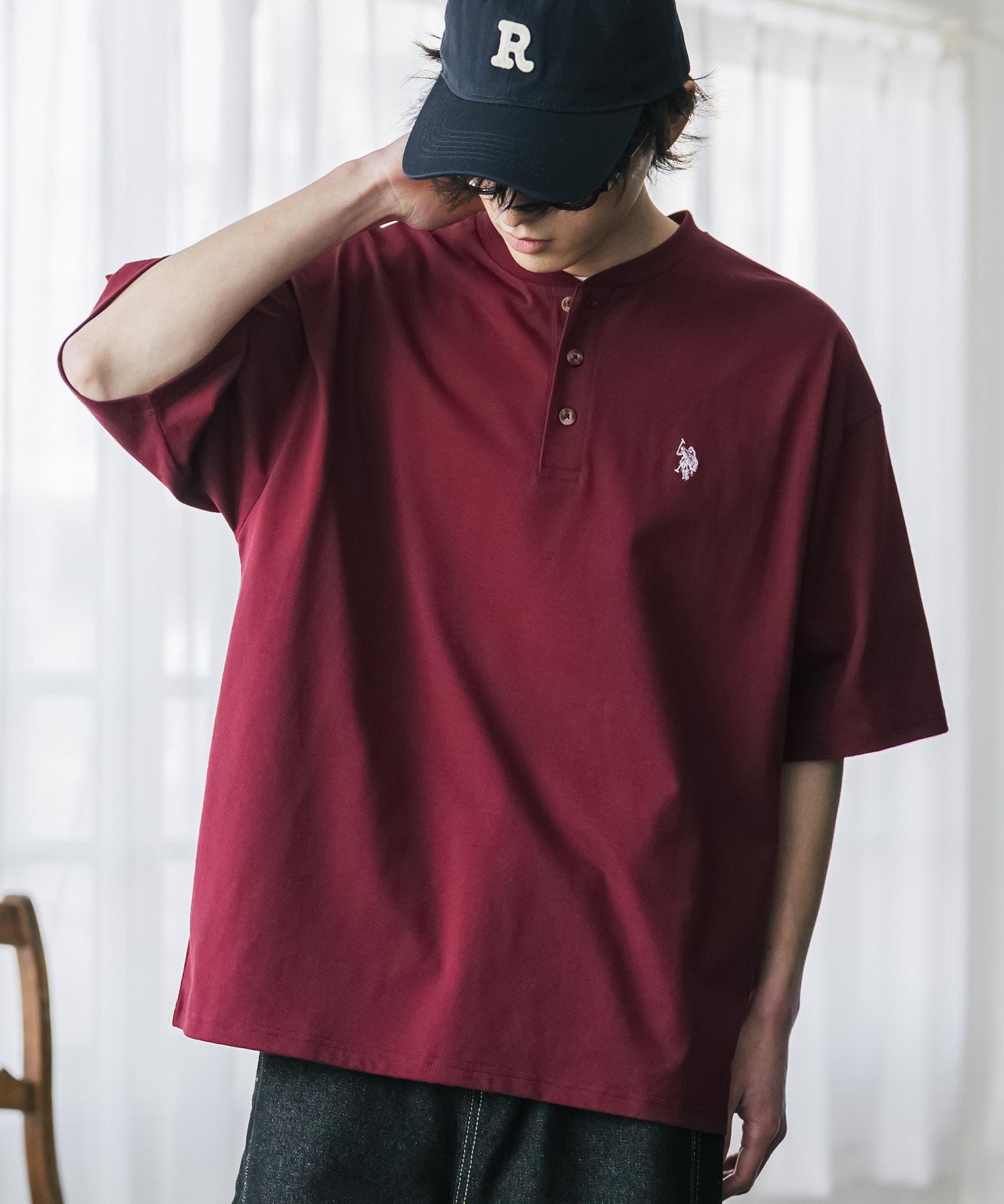 U.S. POLO ASSN. / 刺繡亨利領短袖T恤