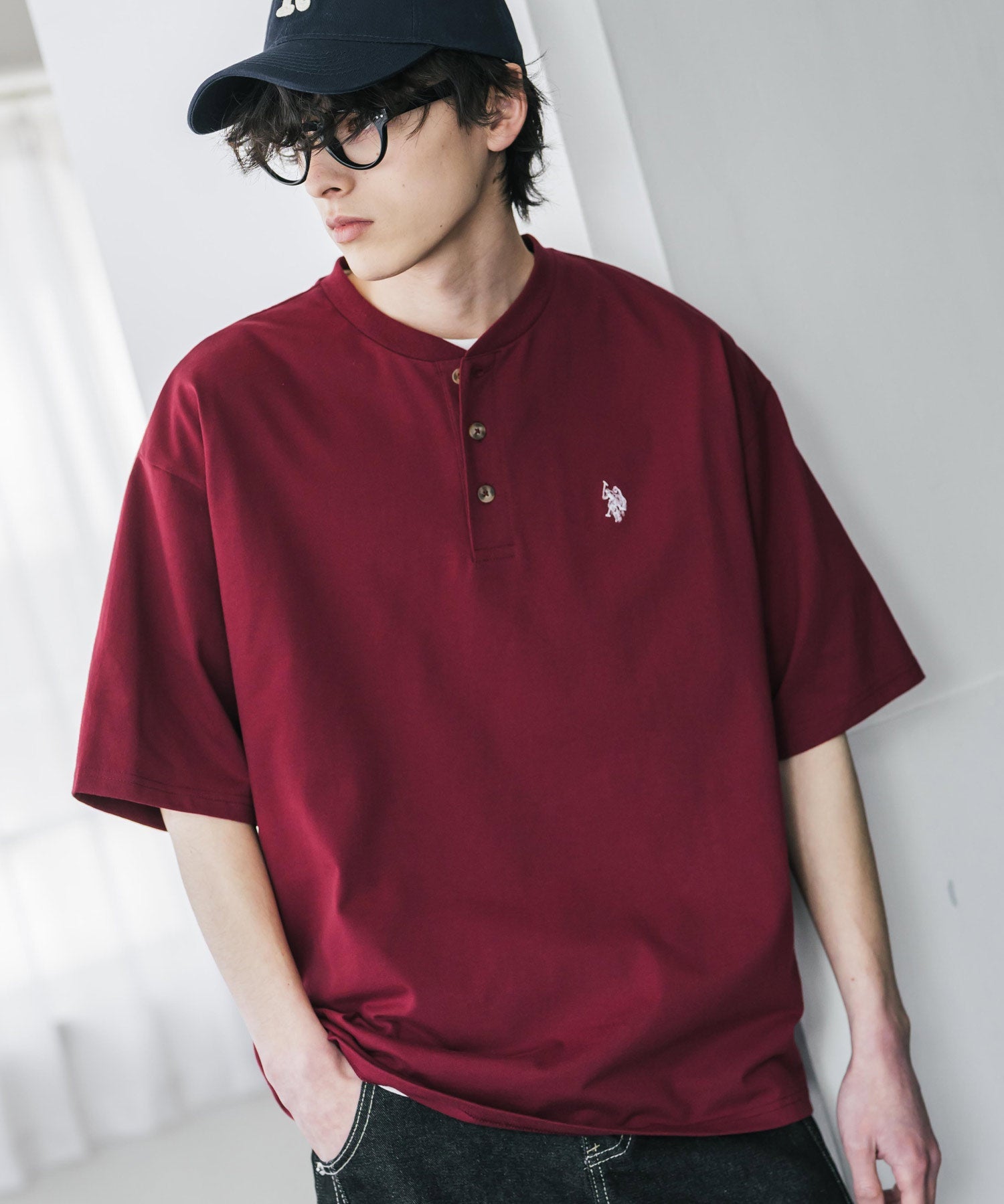 U.S. POLO ASSN. / 刺繡亨利領短袖T恤