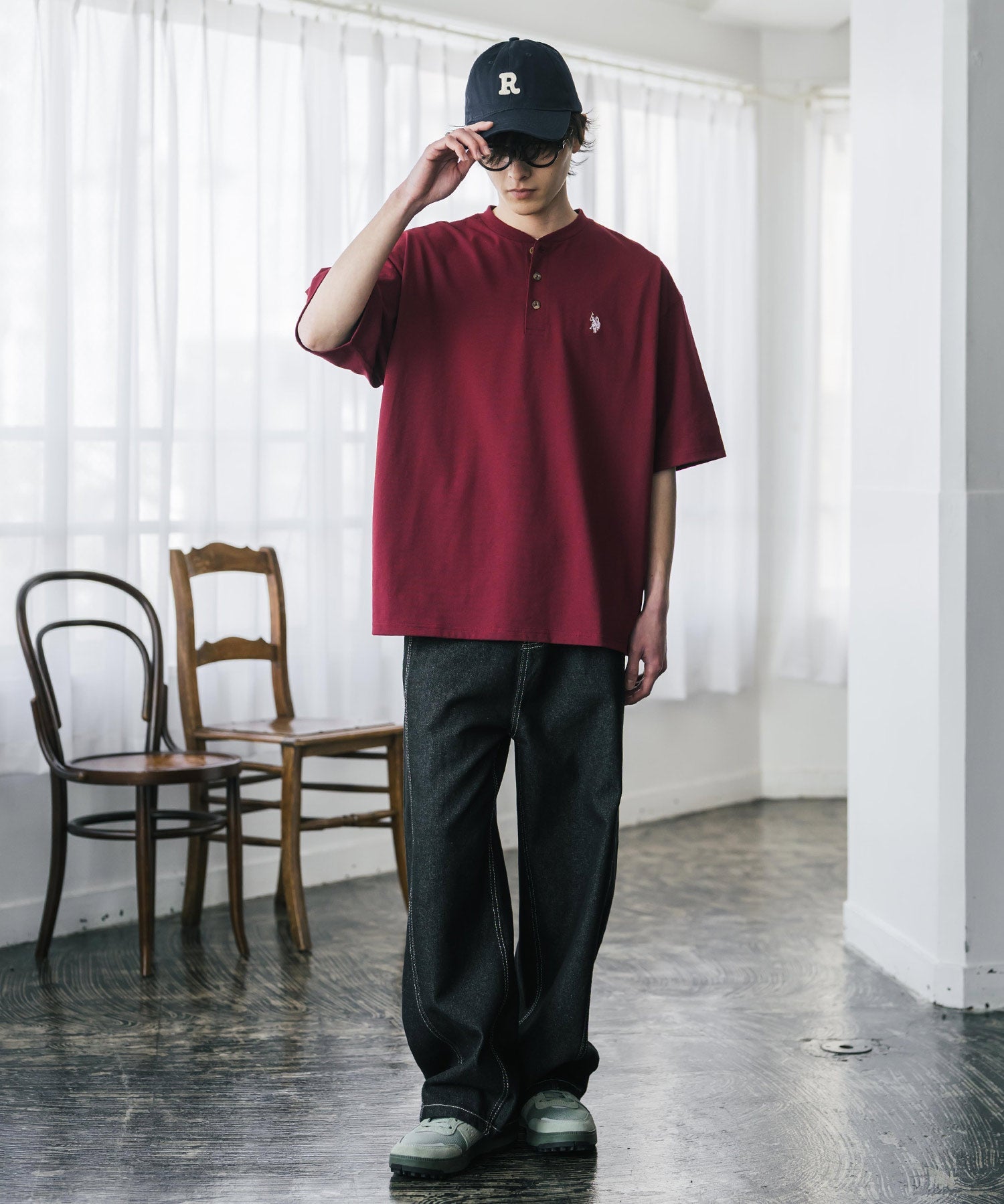 U.S. POLO ASSN. / 刺繡亨利領短袖T恤