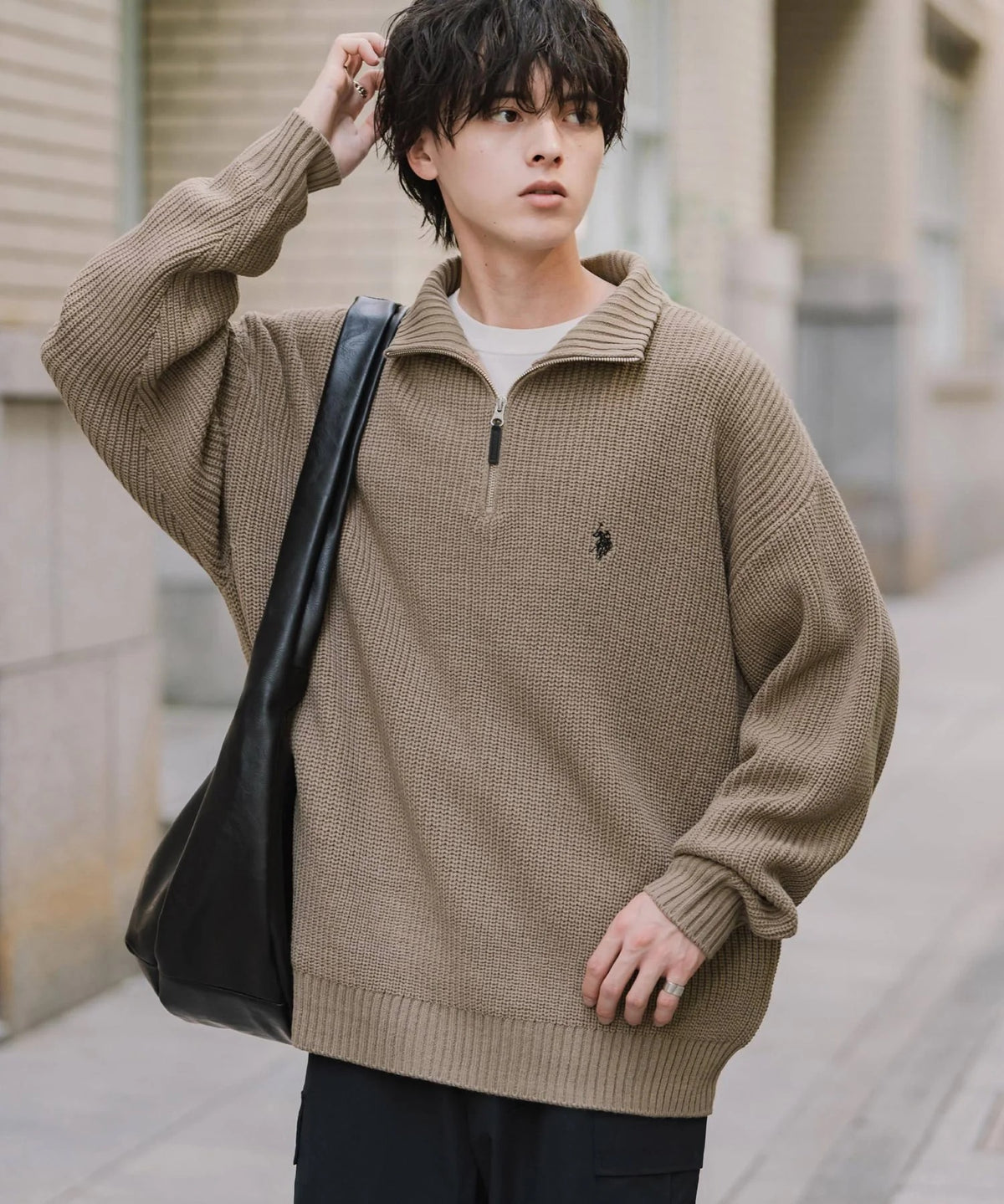 U.S. POLO ASSN. / 寬鬆畦編刺繡 半拉鍊針織衫(日本聯名限定)