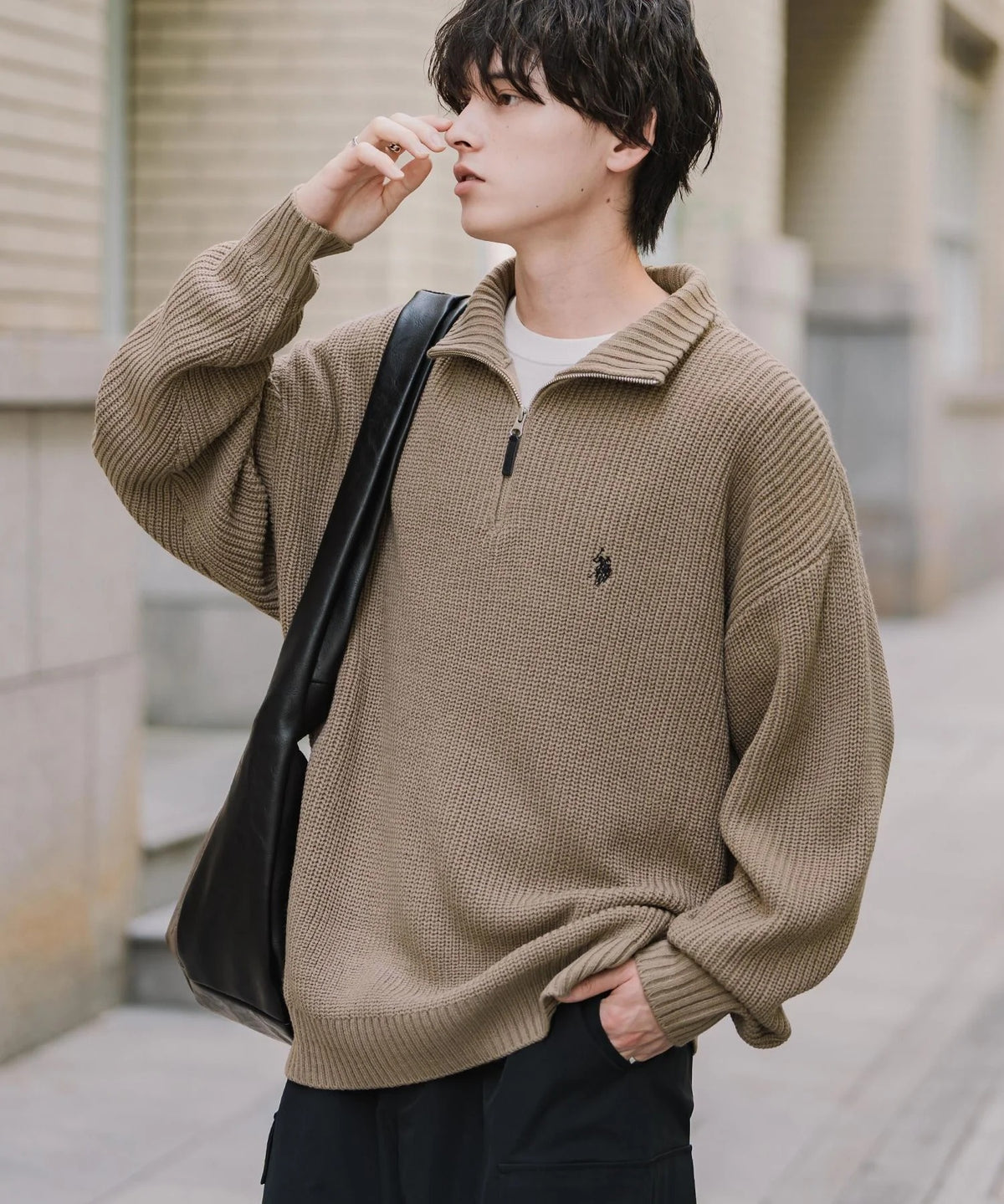 U.S. POLO ASSN. / 寬鬆畦編刺繡 半拉鍊針織衫(日本聯名限定)