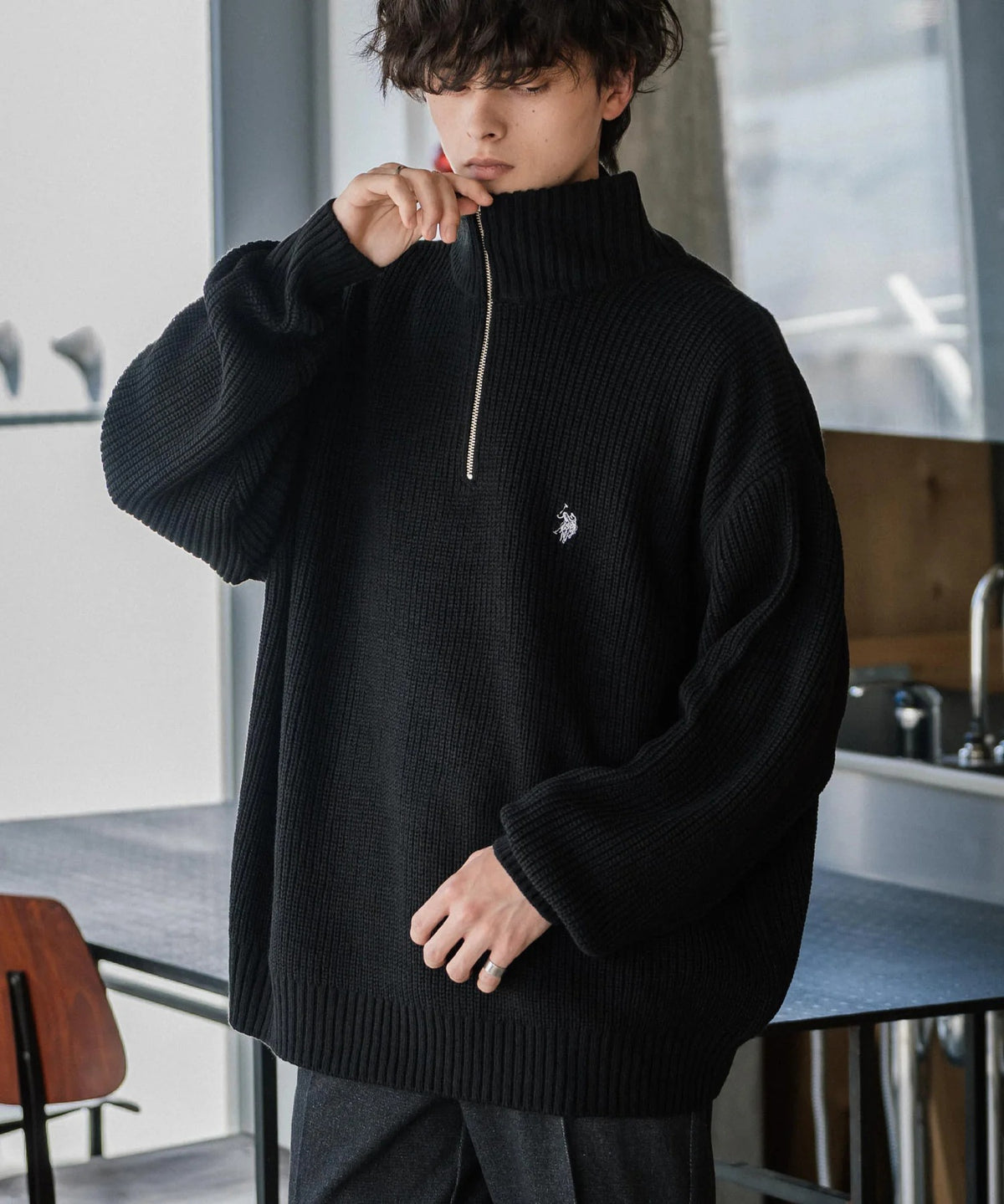 U.S. POLO ASSN. / 寬鬆畦編刺繡 半拉鍊針織衫(日本聯名限定)