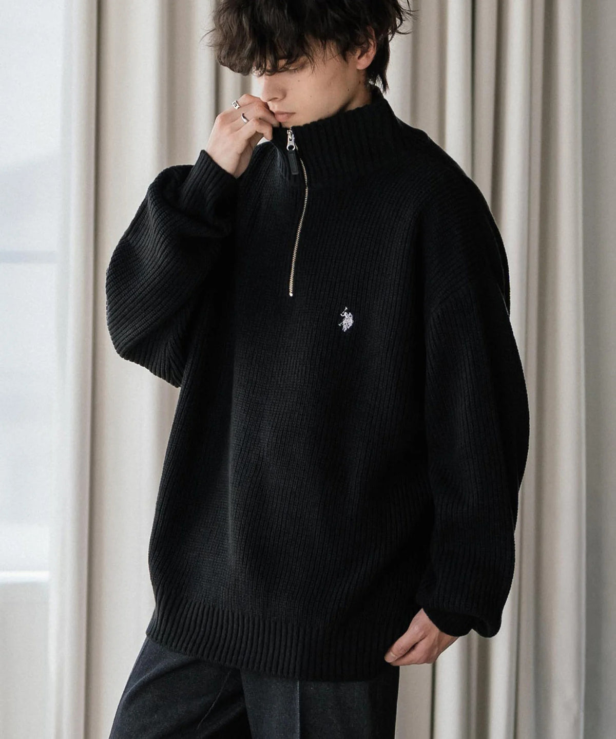 U.S. POLO ASSN. / 寬鬆畦編刺繡 半拉鍊針織衫(日本聯名限定)