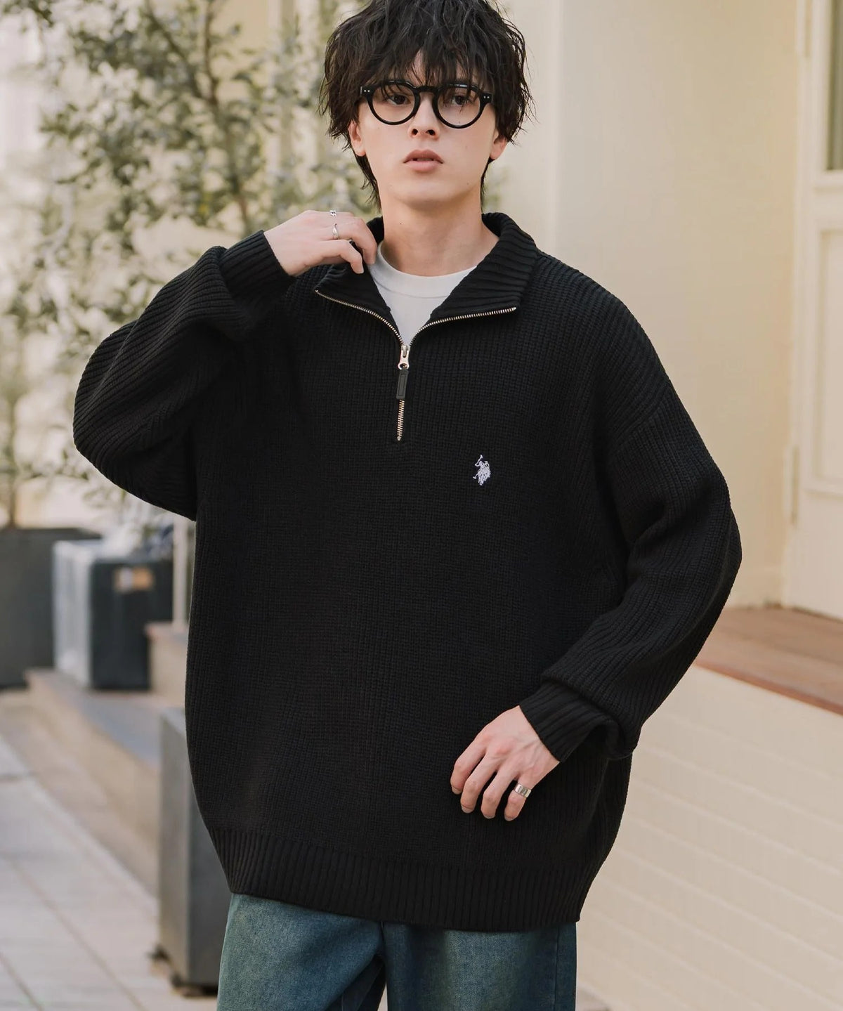 U.S. POLO ASSN. / 寬鬆畦編刺繡 半拉鍊針織衫(日本聯名限定)