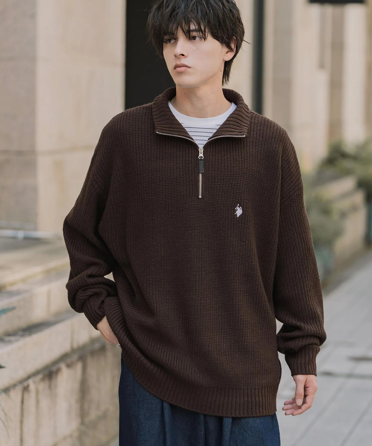 U.S. POLO ASSN. / 寬鬆畦編刺繡 半拉鍊針織衫(日本聯名限定)