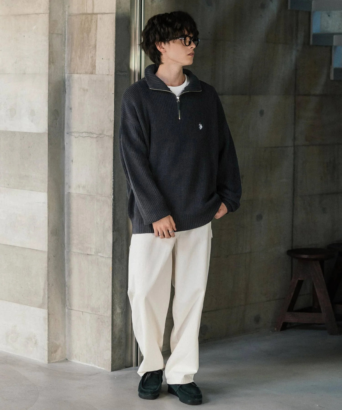 U.S. POLO ASSN. / 寬鬆畦編刺繡 半拉鍊針織衫(日本聯名限定)