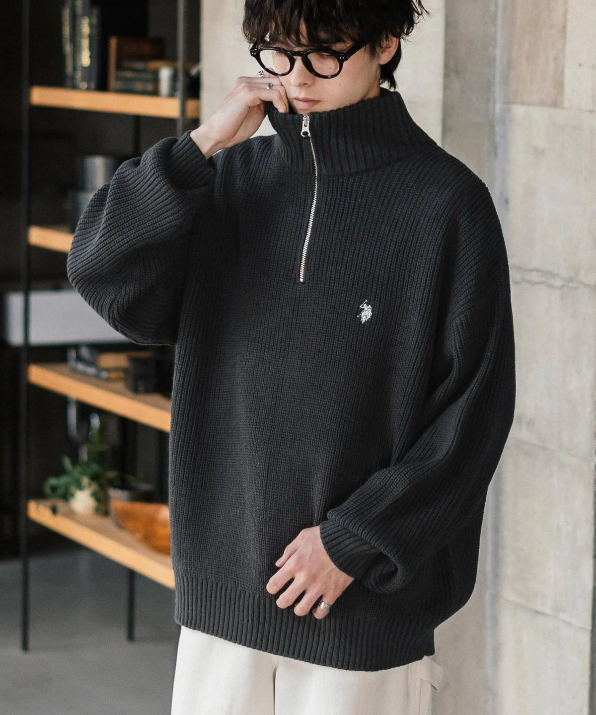 U.S. POLO ASSN. / 寬鬆畦編刺繡 半拉鍊針織衫(日本聯名限定)