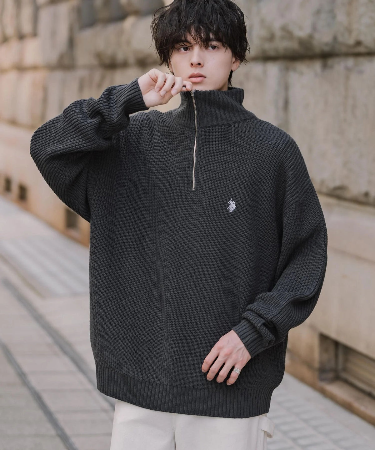 U.S. POLO ASSN. / 寬鬆畦編刺繡 半拉鍊針織衫(日本聯名限定)
