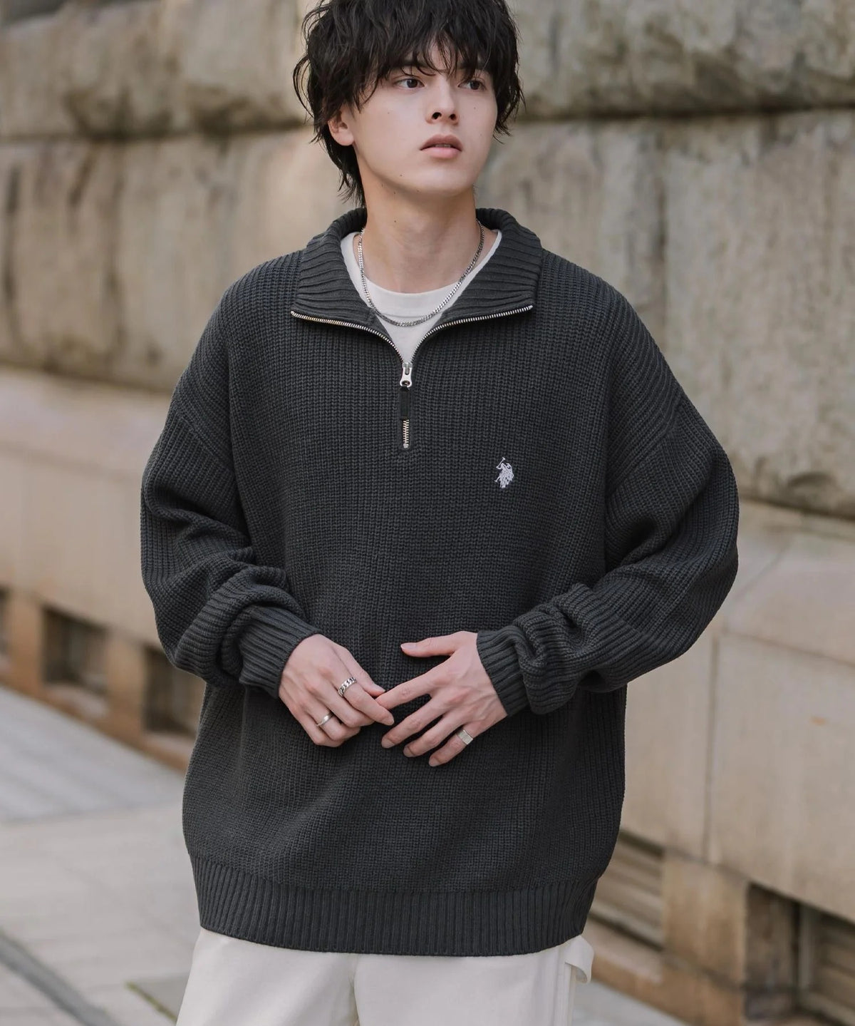 U.S. POLO ASSN. / 寬鬆畦編刺繡 半拉鍊針織衫(日本聯名限定)
