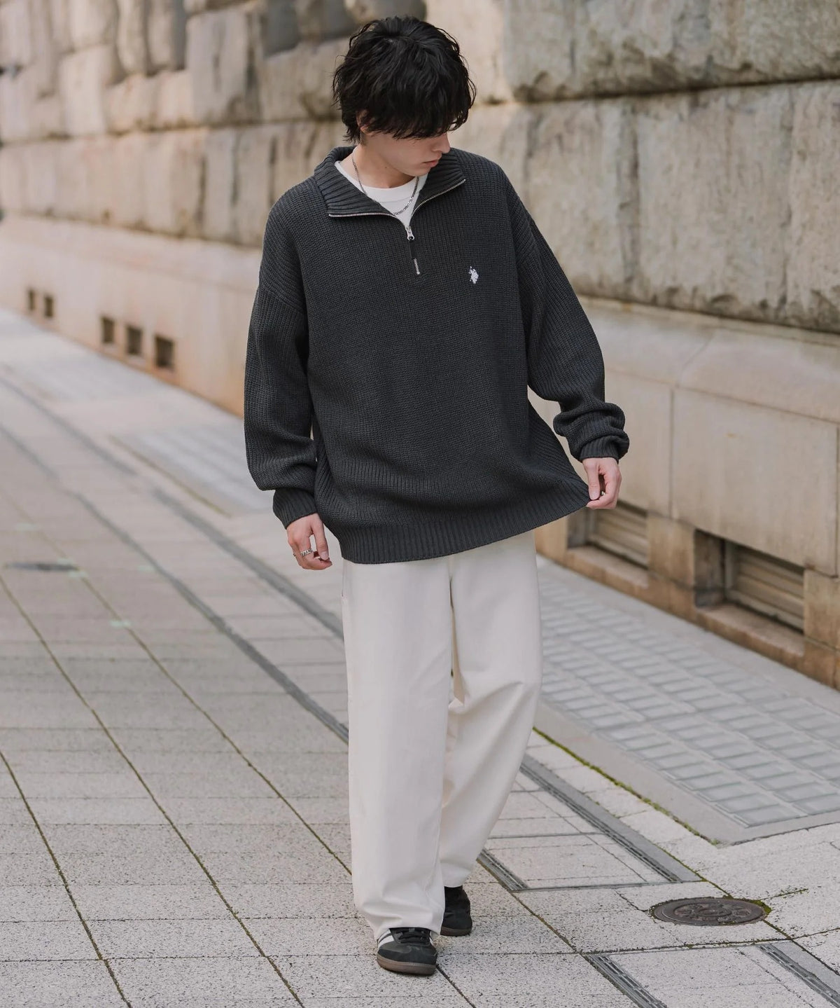 U.S. POLO ASSN. / 寬鬆畦編刺繡 半拉鍊針織衫(日本聯名限定)
