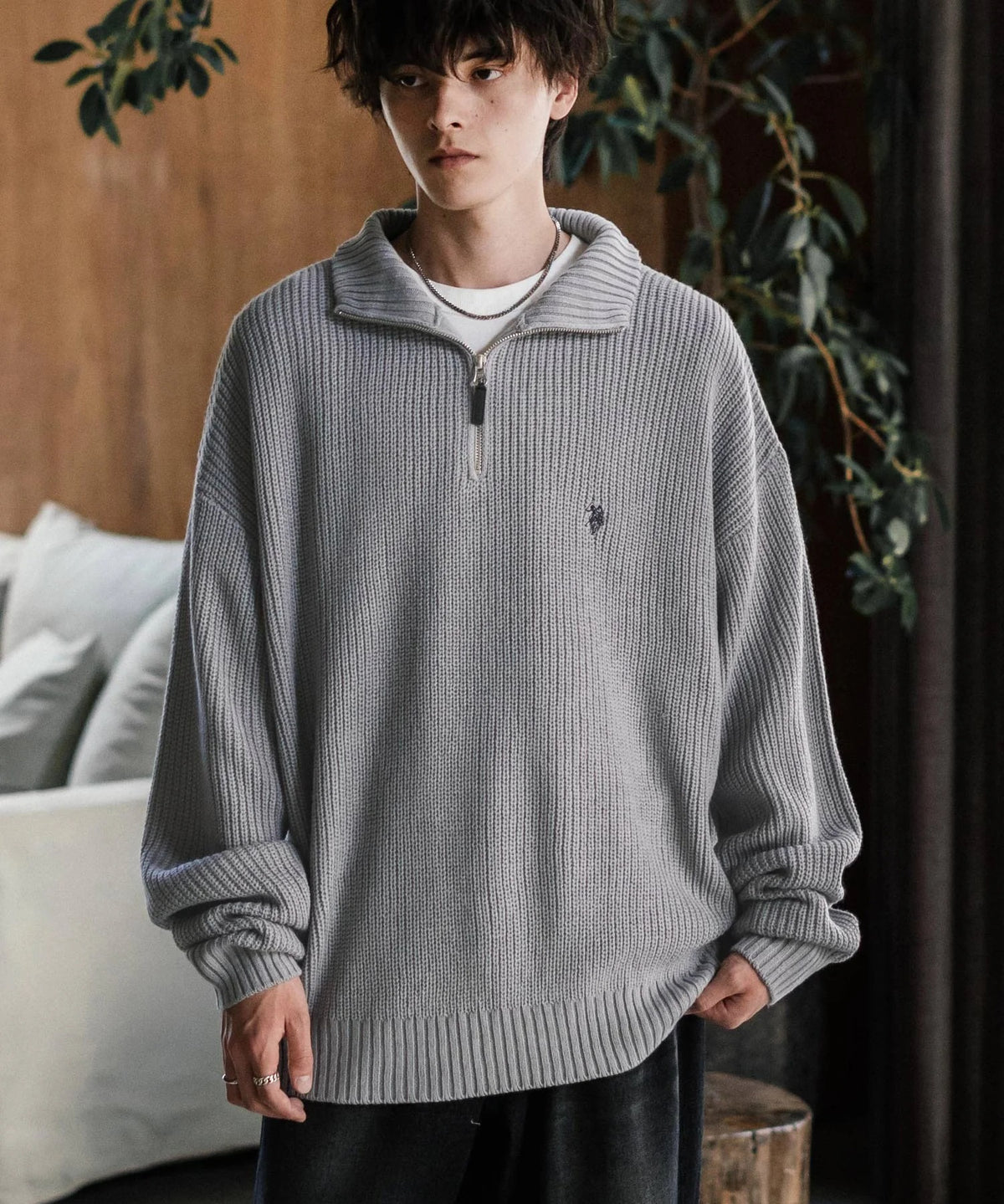 U.S. POLO ASSN. / 寬鬆畦編刺繡 半拉鍊針織衫(日本聯名限定)