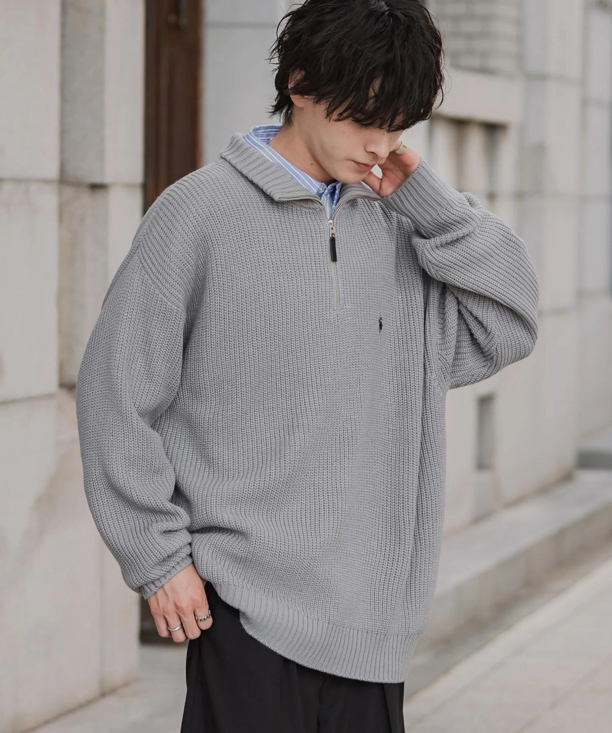 U.S. POLO ASSN. / 寬鬆畦編刺繡 半拉鍊針織衫(日本聯名限定)