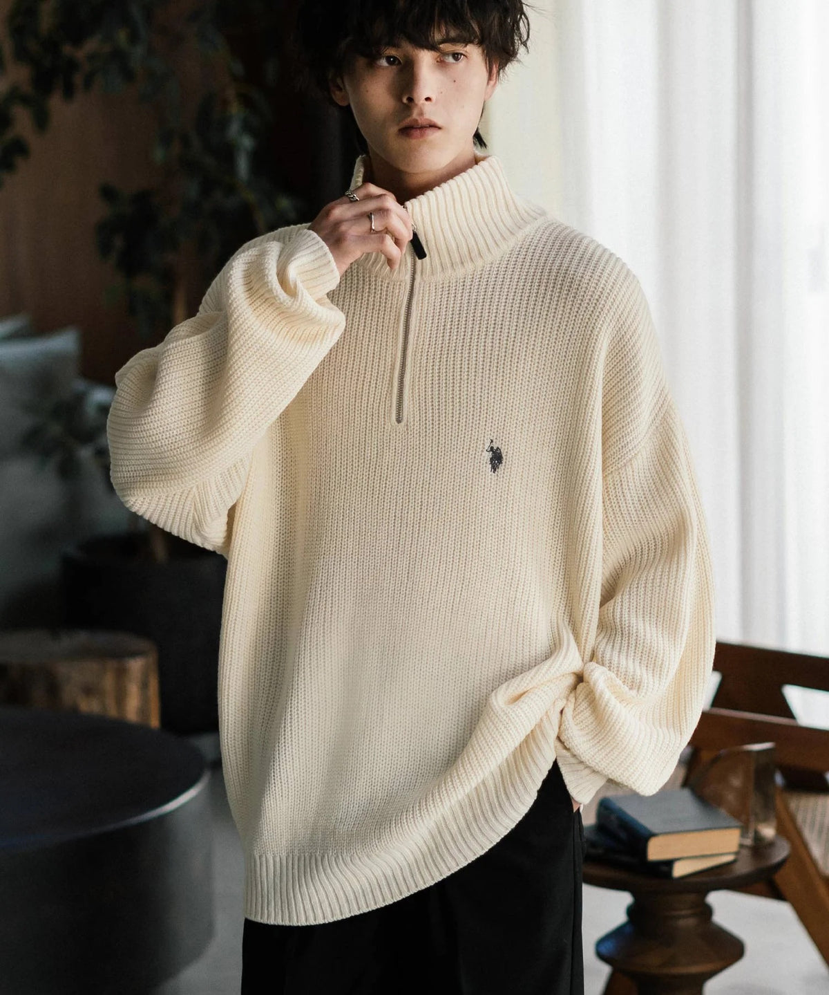 U.S. POLO ASSN. / 寬鬆畦編刺繡 半拉鍊針織衫(日本聯名限定)