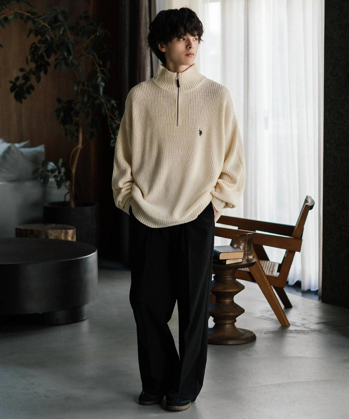 U.S. POLO ASSN. / 寬鬆畦編刺繡 半拉鍊針織衫(日本聯名限定)