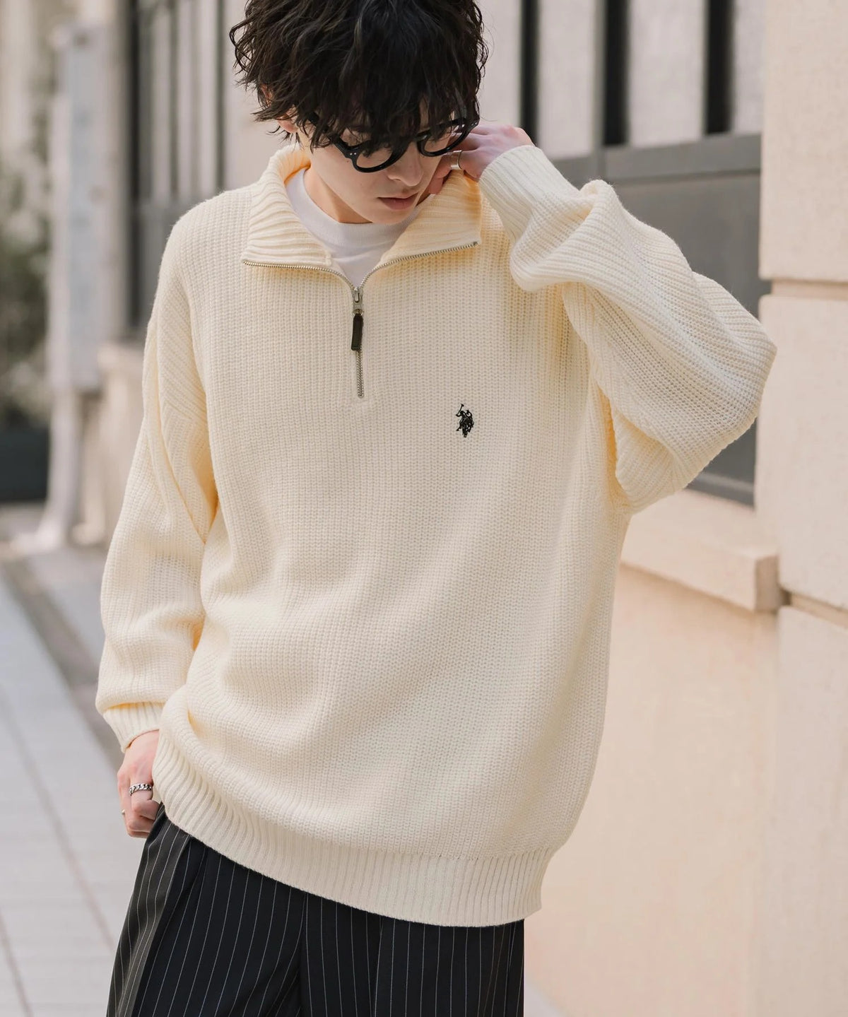 U.S. POLO ASSN. / 寬鬆畦編刺繡 半拉鍊針織衫(日本聯名限定)