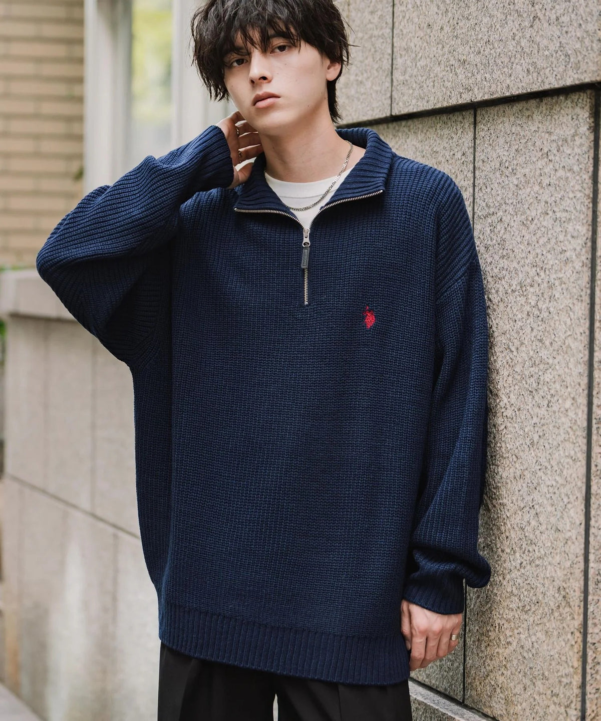 U.S. POLO ASSN. / 寬鬆畦編刺繡 半拉鍊針織衫(日本聯名限定)