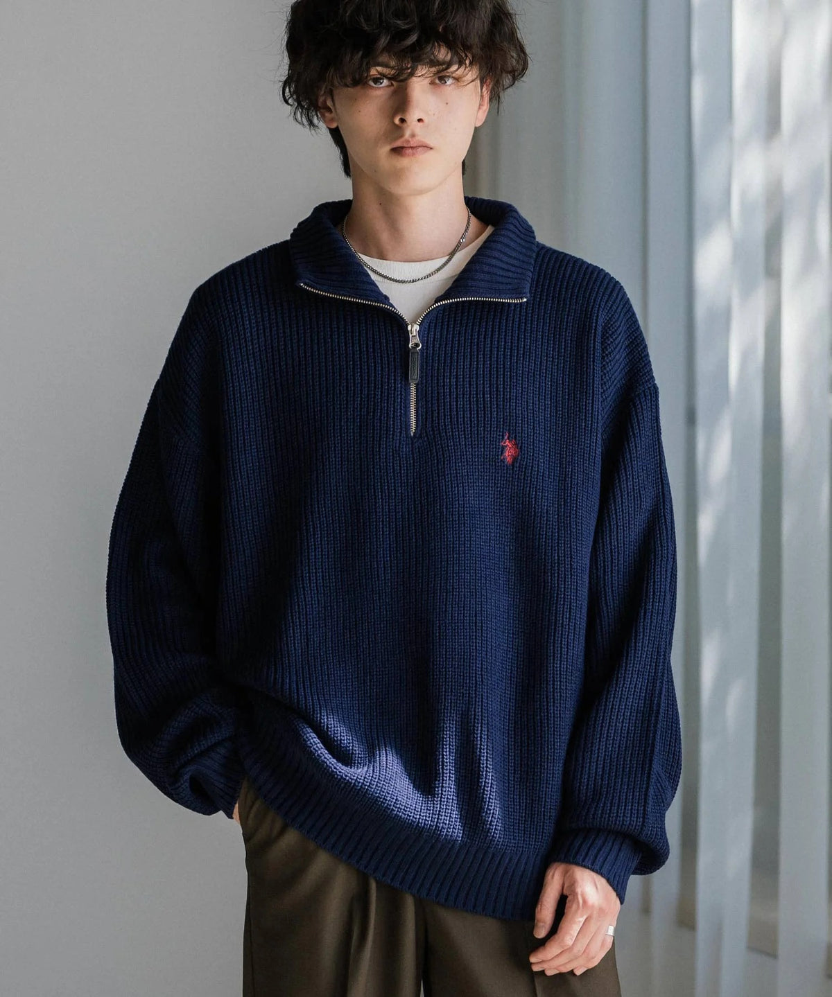 U.S. POLO ASSN. / 寬鬆畦編刺繡 半拉鍊針織衫(日本聯名限定)