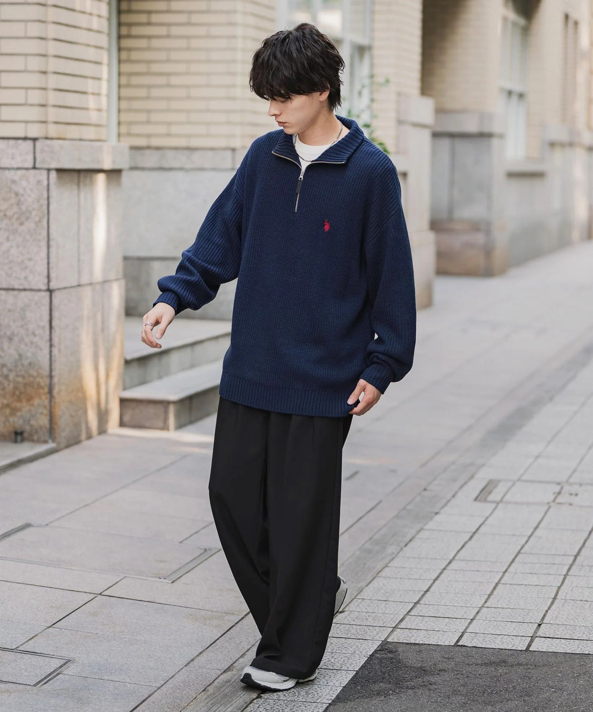 U.S. POLO ASSN. / 寬鬆畦編刺繡 半拉鍊針織衫(日本聯名限定)