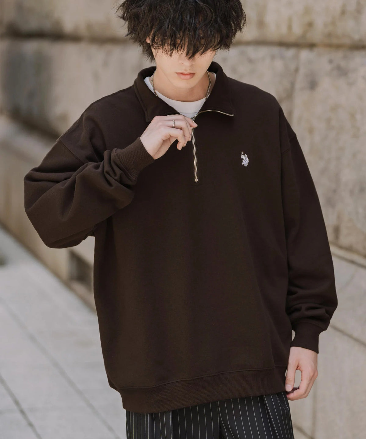 U.S. POLO ASSN. / 寬鬆 刷毛刺繡 半拉鍊開襟衫(日本聯名限定)