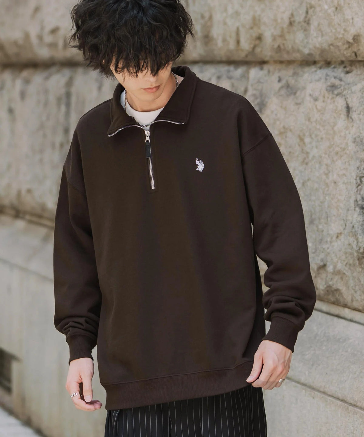 U.S. POLO ASSN. / 寬鬆 刷毛刺繡 半拉鍊開襟衫(日本聯名限定)