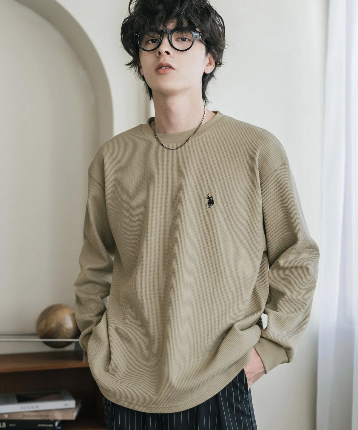U.S. POLO ASSN. / 刺繡格紋圓領長袖T恤(日本聯名限定)
