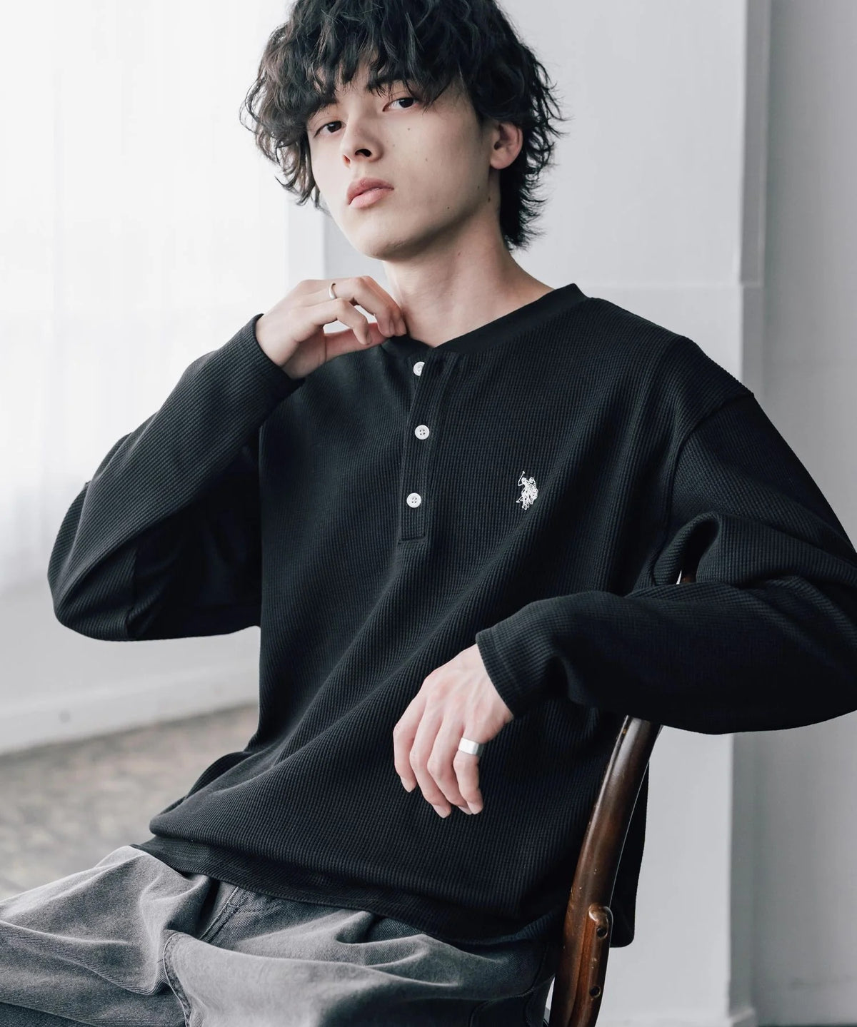 U.S. POLO ASSN. / 刺繡格紋 亨利領長袖T恤(日本聯名限定)
