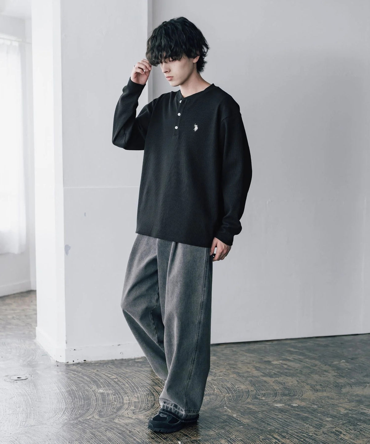 U.S. POLO ASSN. / 刺繡格紋 亨利領長袖T恤(日本聯名限定)