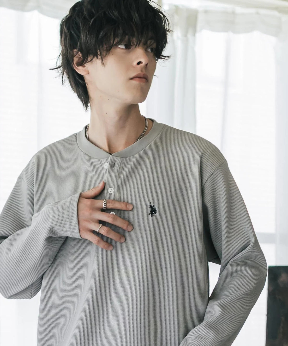 U.S. POLO ASSN. / 刺繡格紋 亨利領長袖T恤(日本聯名限定)