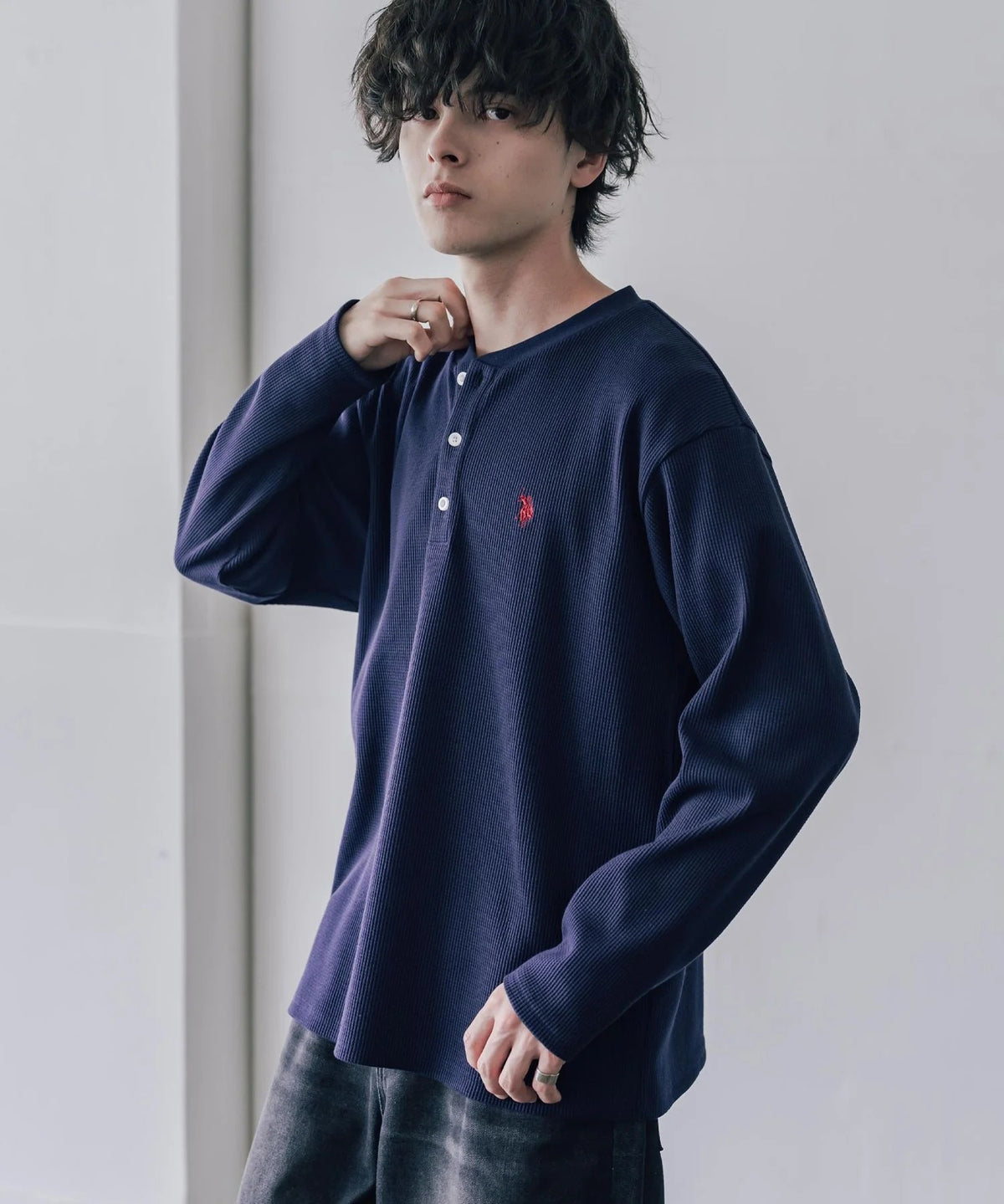 U.S. POLO ASSN. / 刺繡格紋 亨利領長袖T恤(日本聯名限定)