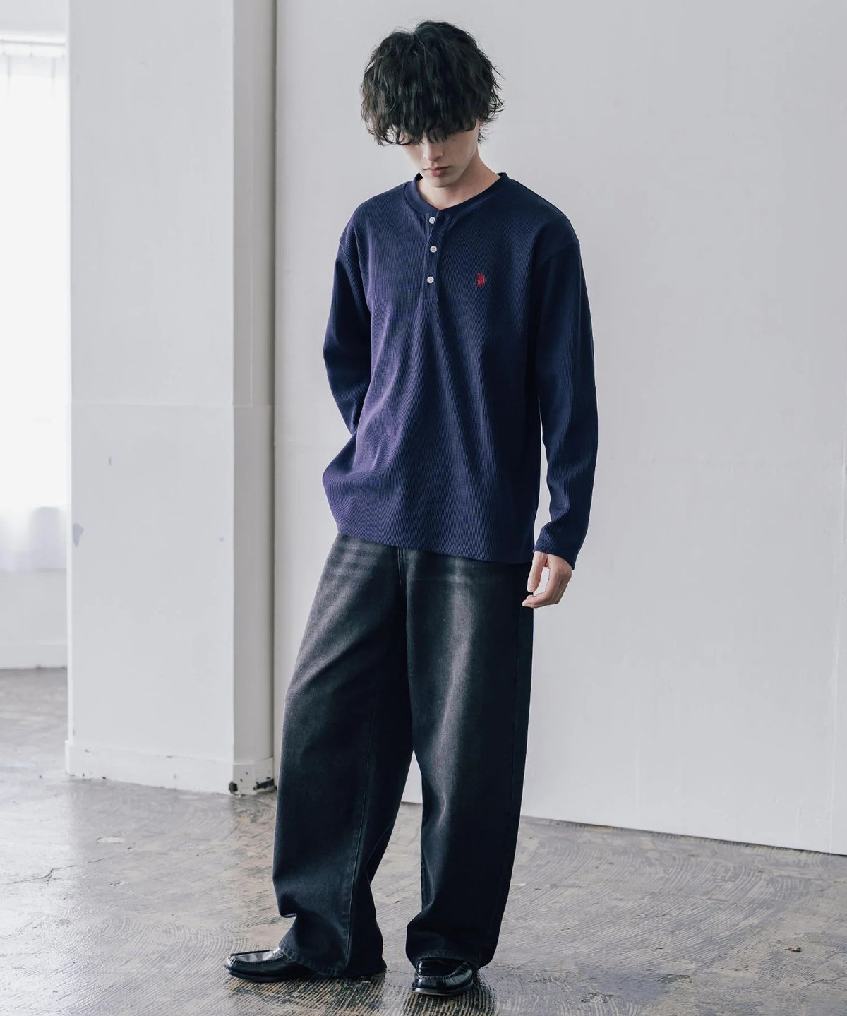 U.S. POLO ASSN. / 刺繡格紋 亨利領長袖T恤(日本聯名限定)