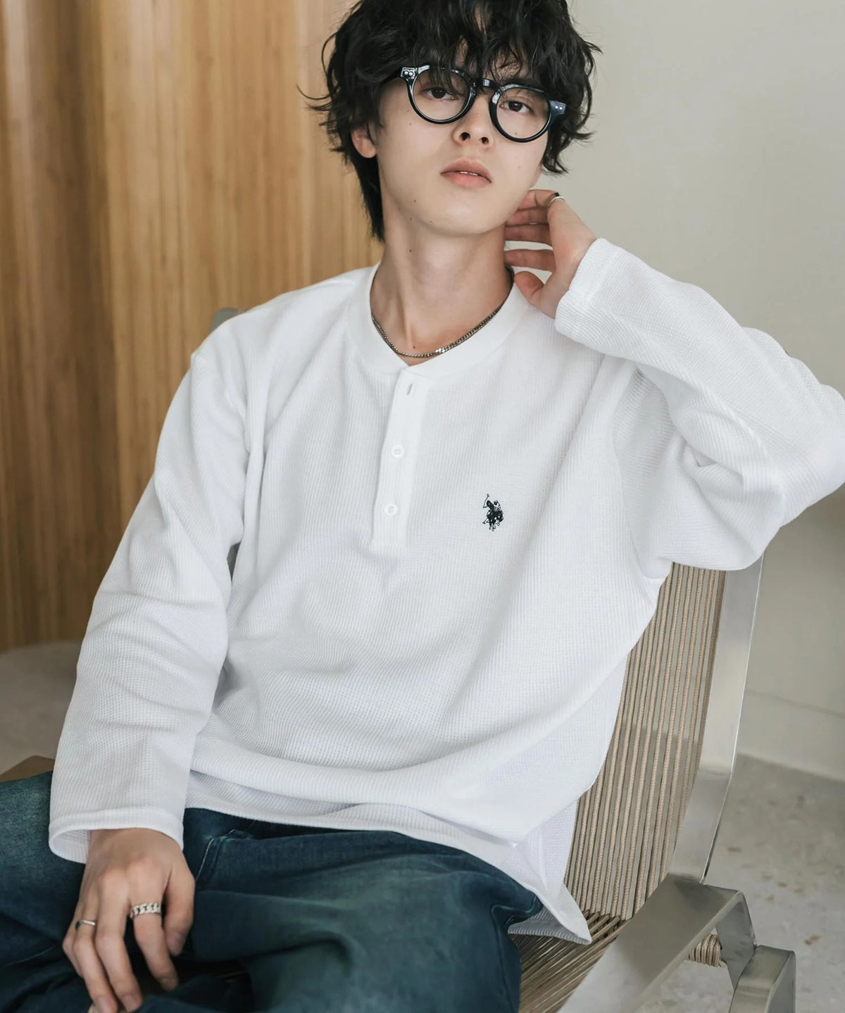 U.S. POLO ASSN. / 刺繡格紋 亨利領長袖T恤(日本聯名限定)