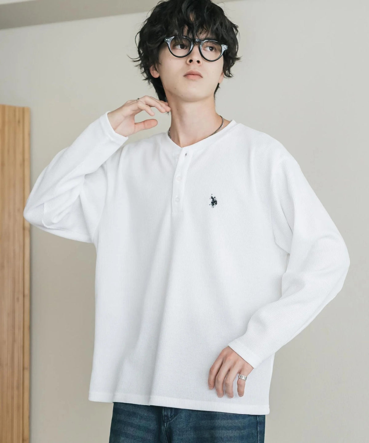 U.S. POLO ASSN. / 刺繡格紋 亨利領長袖T恤(日本聯名限定)