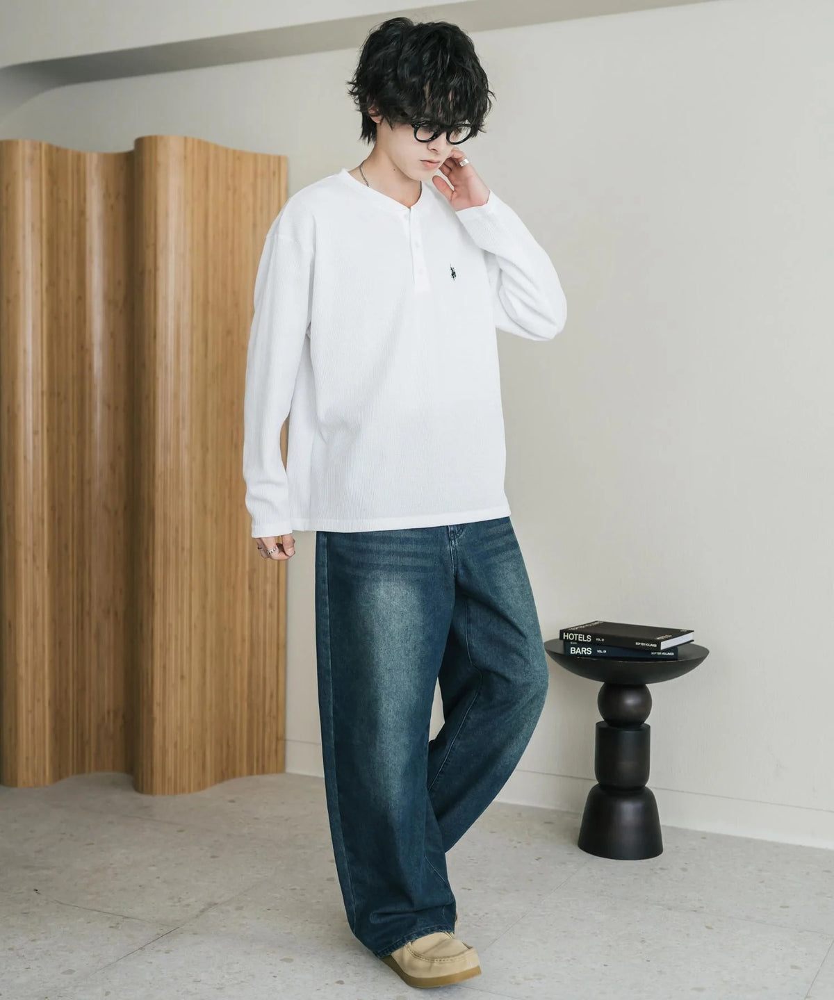 U.S. POLO ASSN. / 刺繡格紋 亨利領長袖T恤(日本聯名限定)