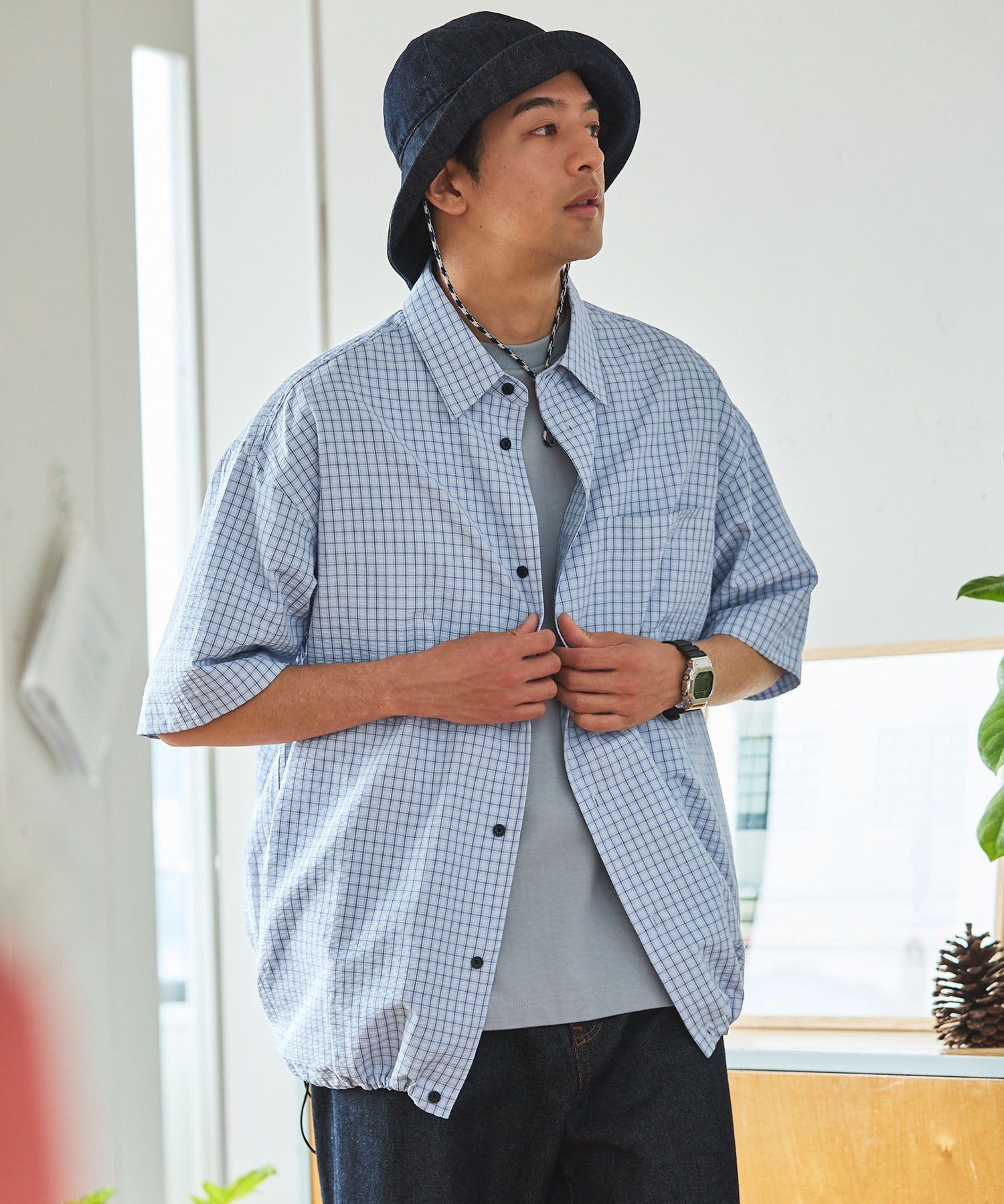 THE CRAFT CREW PRODUCTS / 格紋 泡泡紗 抽繩 短襯衫