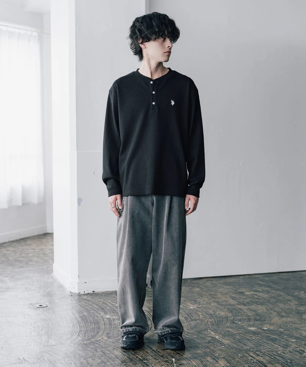 U.S. POLO ASSN. / 刺繡格紋 亨利領長袖T恤(日本聯名限定)