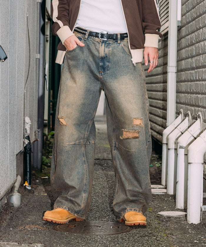 FREAK'S STORE / 寬鬆仿舊弧形牛仔褲